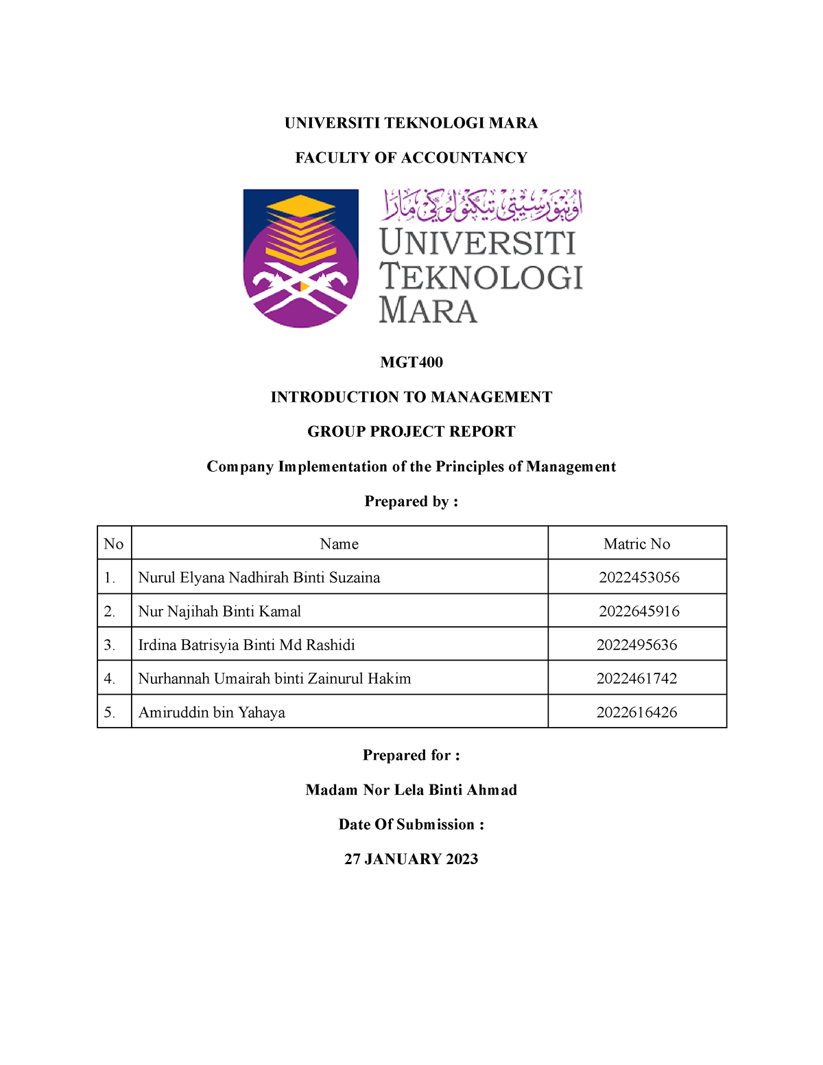 Assignment MGT 2 - MGT - UNIVERSITI TEKNOLOGI MARA FACULTY OF ...