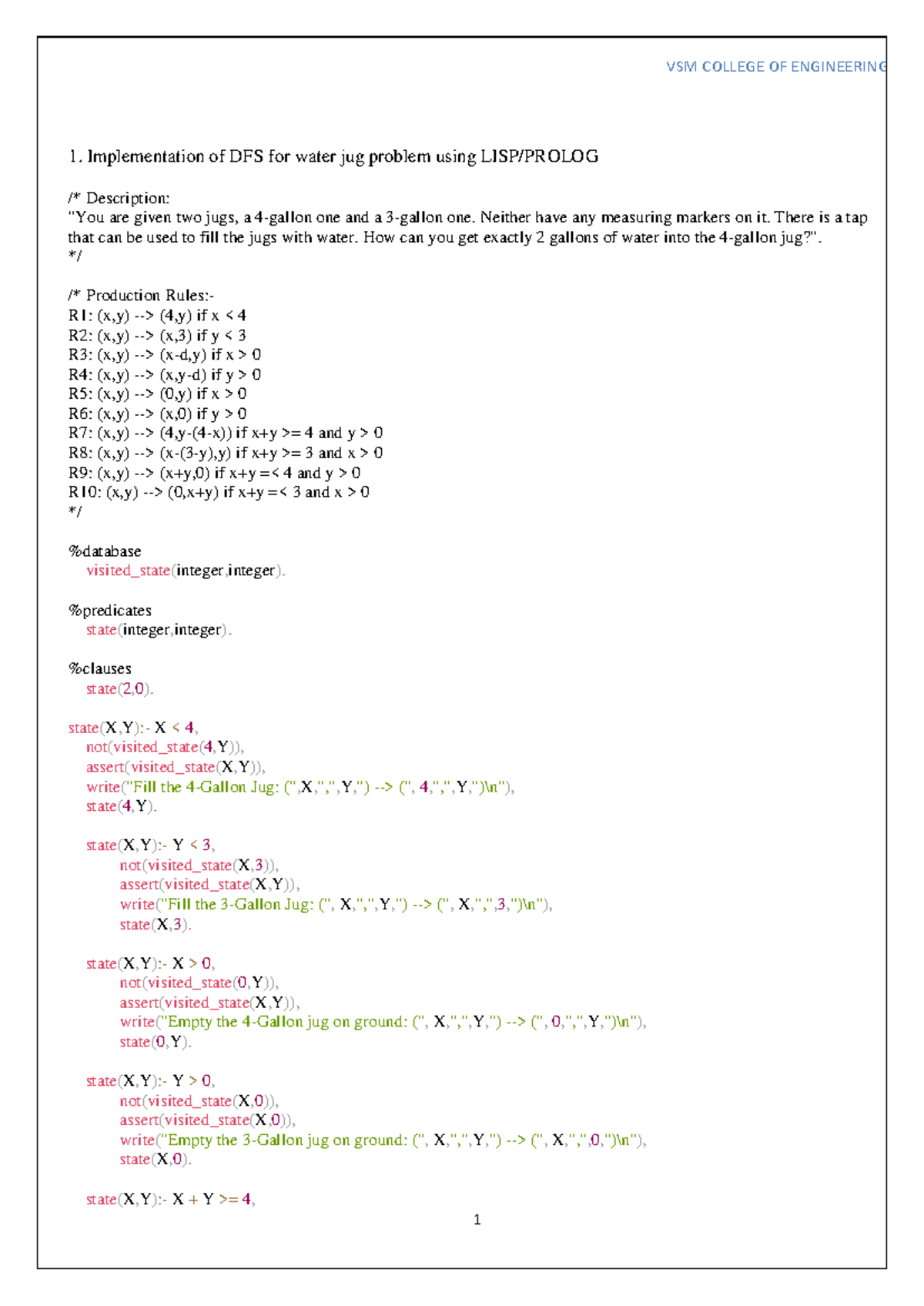AIML LAB Manual R20 1. Implementation of DFS for water jug problem