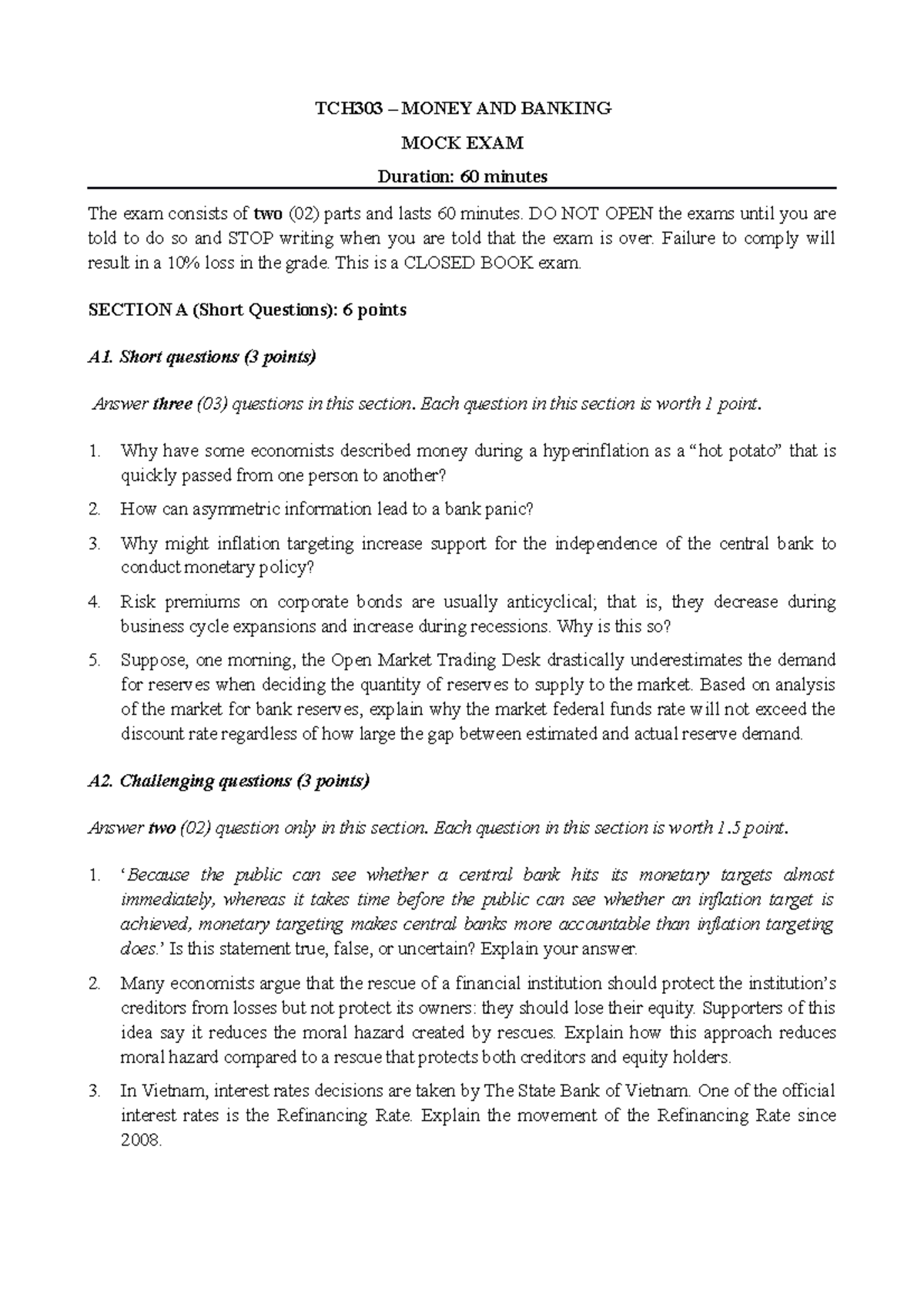 Exam 3 May 2016, questions TCH303 MONEY AND BANKING MOCK EXAM