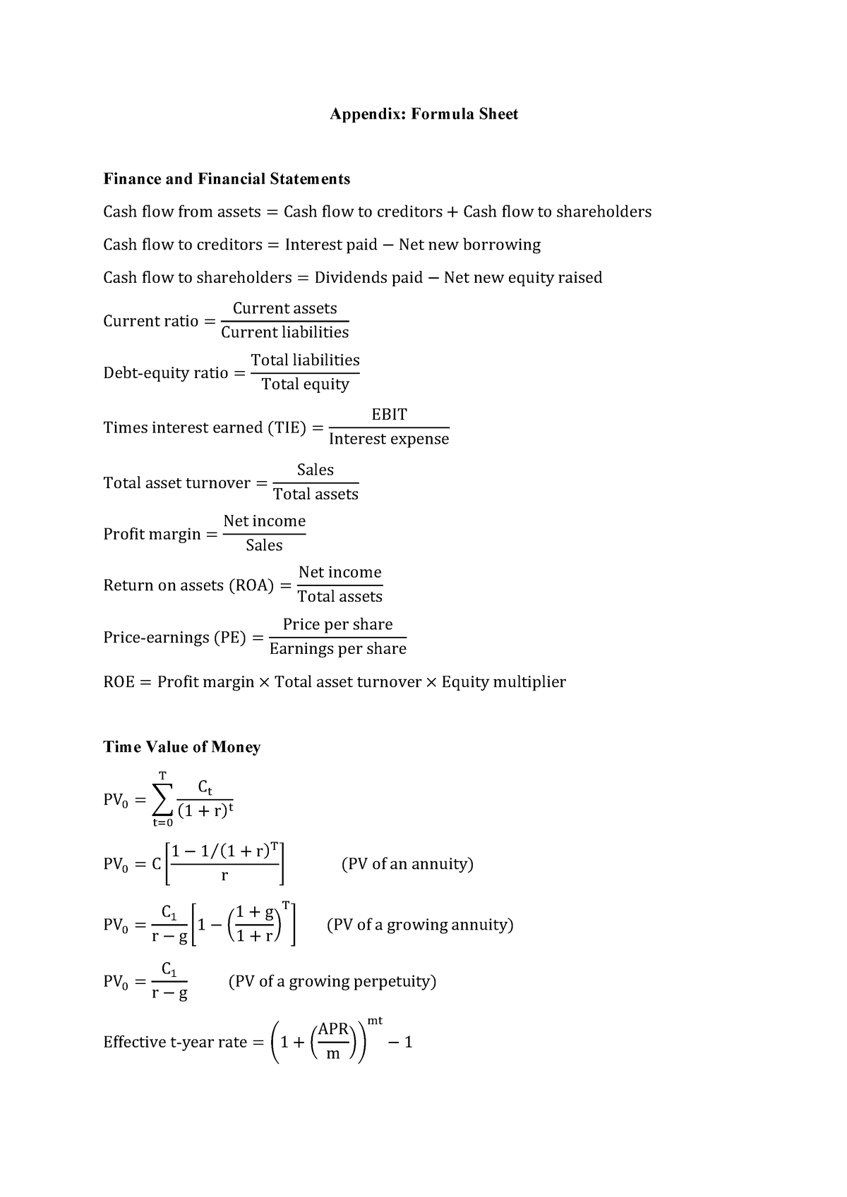 Fin Formula Sheet Helps Appendix Formula Sheet Finance And Financial Statements Cash