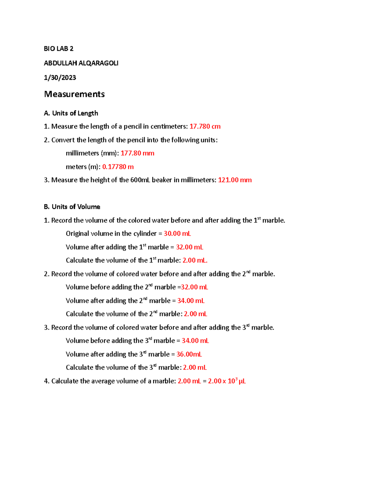 Lab 2 biology MAIN BIO LAB 2 ABDULLAH ALQARAGOLI 1/30/ Measurements A