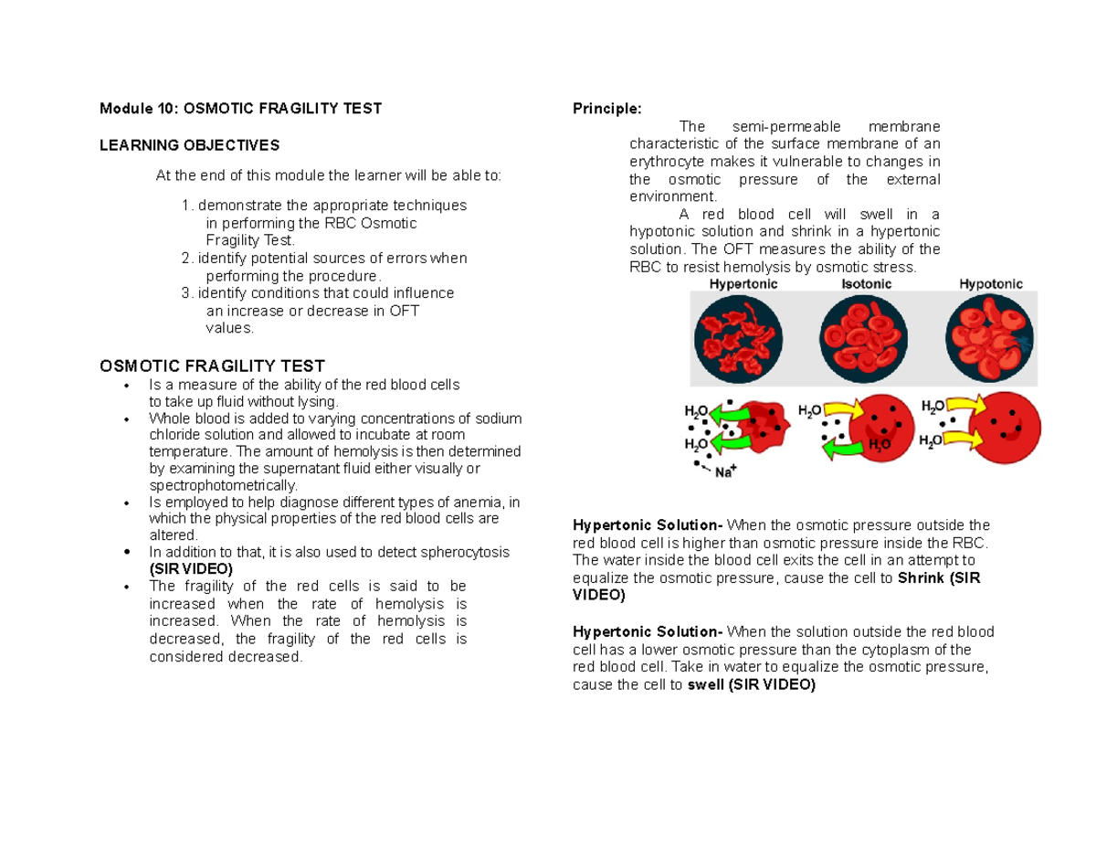 Module 10 Osmotic Fragility test Module 10 OSMOTIC FRAGILITY TEST LEARNING OBJECTIVES At the