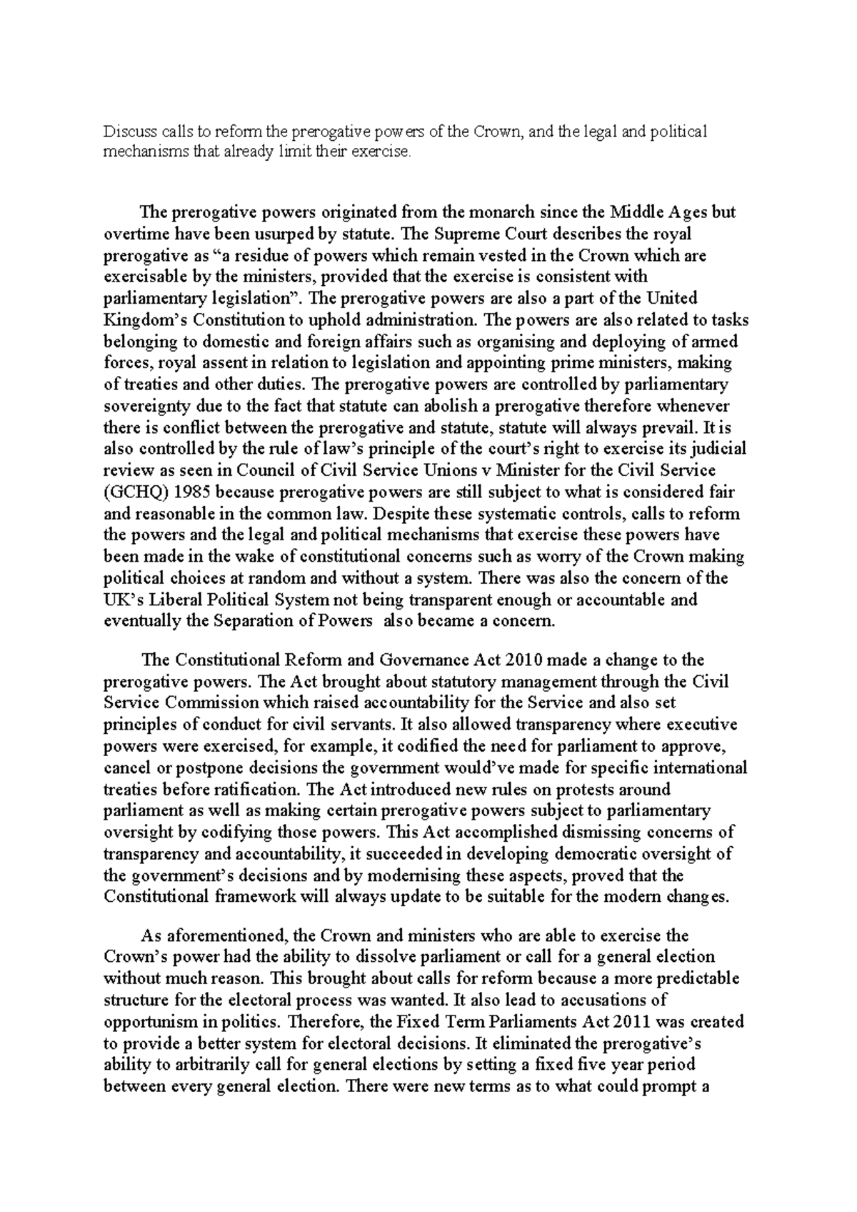 Reform Prerogative Powers. - Discuss calls to reform the prerogative ...