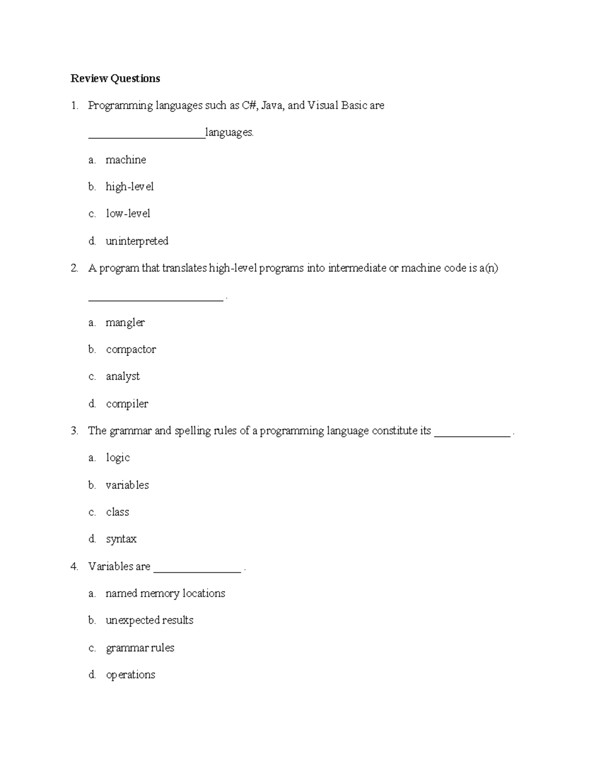 Review Questions - Review Questions Programming languages such as C# ...