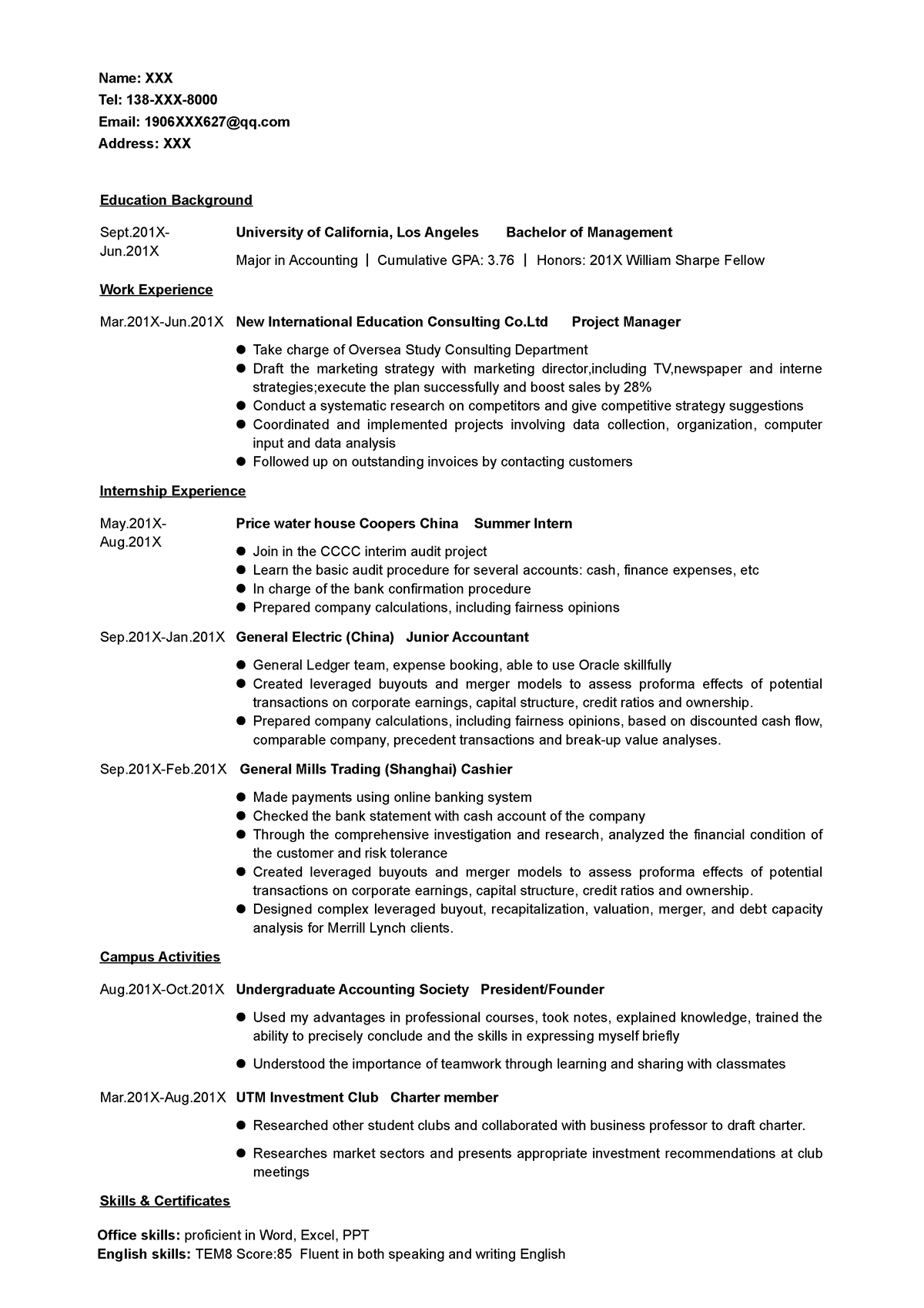 CV Sample 07 ssssss Office skills proficient in Word, Excel, PPT