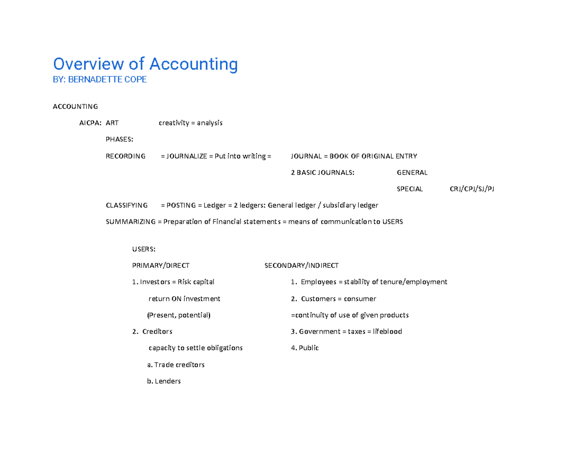 Acrev 421 Overview Of Accounting Overview Of Accounting By Bernadette Cope Accounting Aicpa 1559