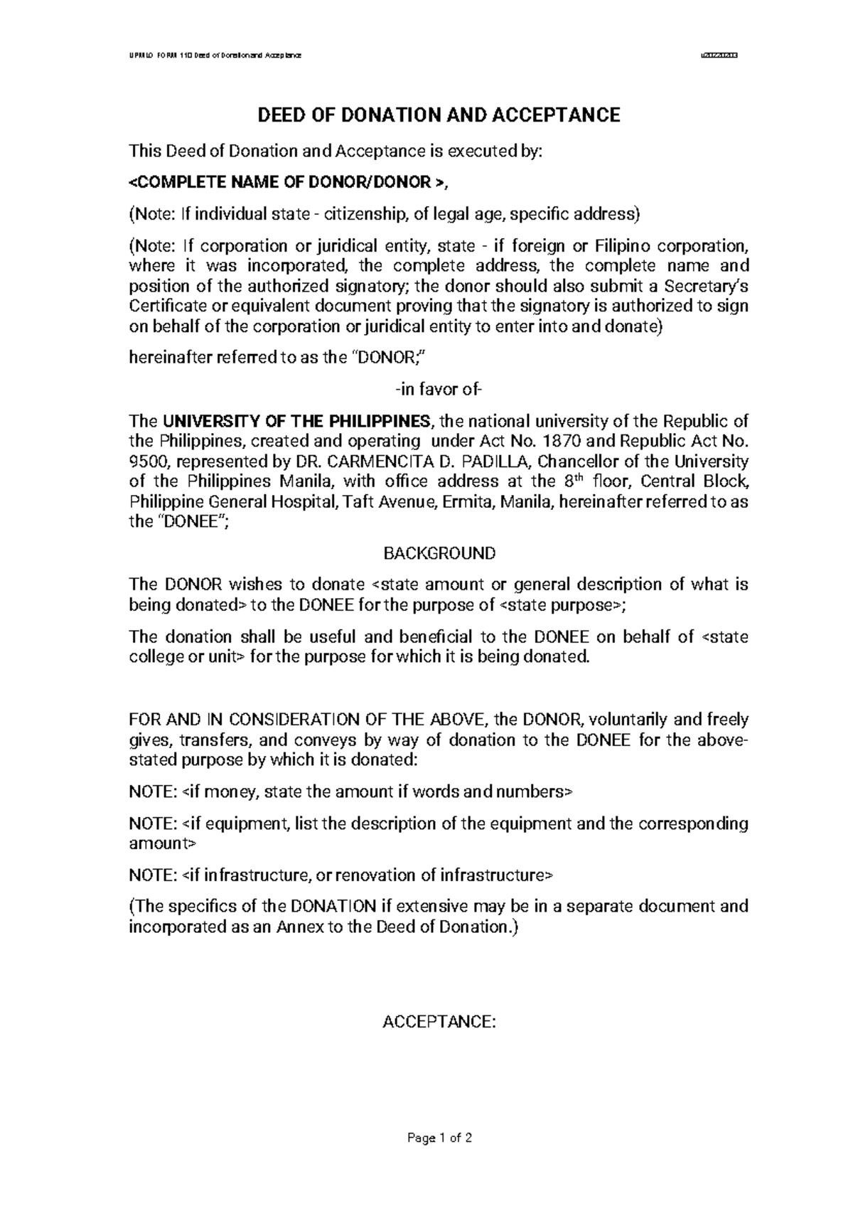 DEED OF Donation - UPMLO FORM 110 Deed of Donation and Acceptance v ...