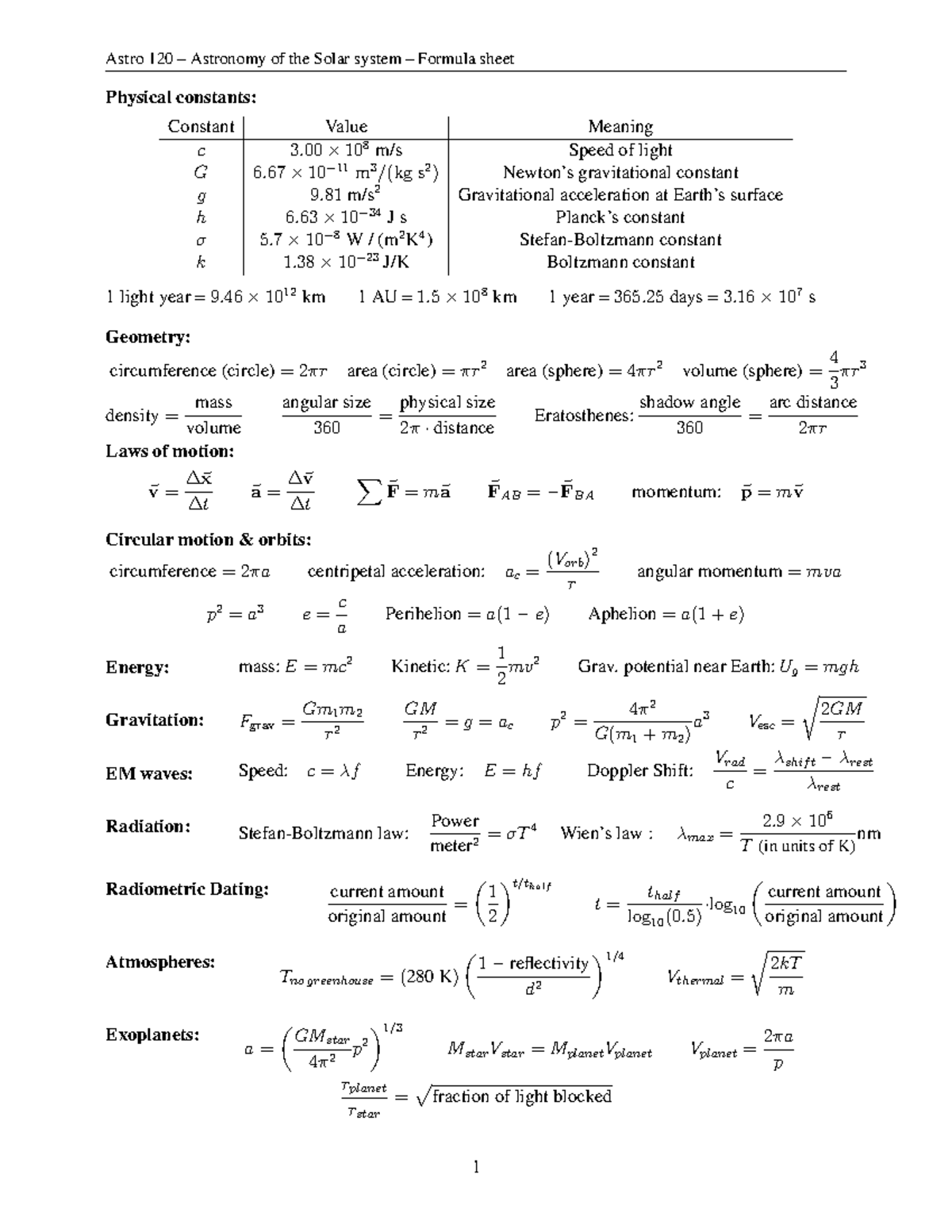 ASTR0120 - Formula Sheet - Astro 120 – Astronomy of the Solar system ...