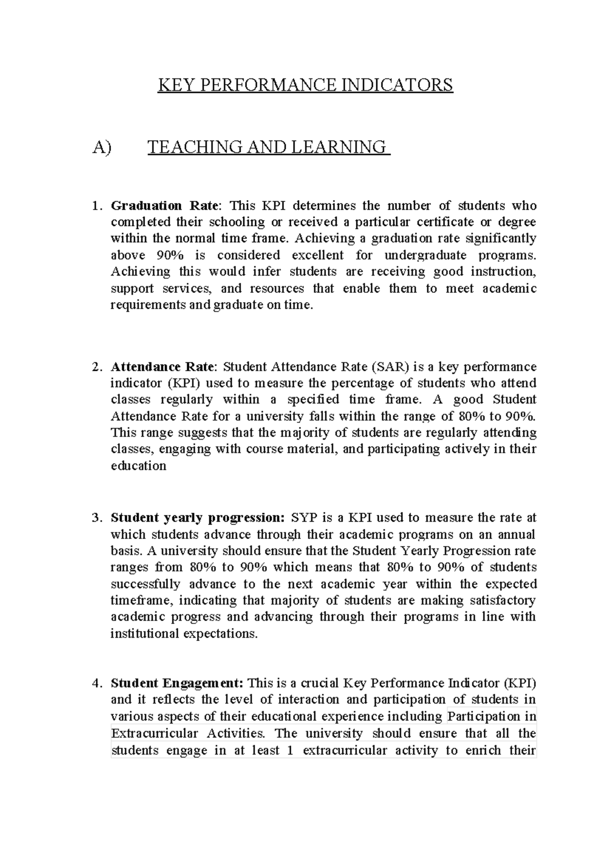 KEY Performance Indicators - KEY PERFORMANCE INDICATORS A) TEACHING AND ...