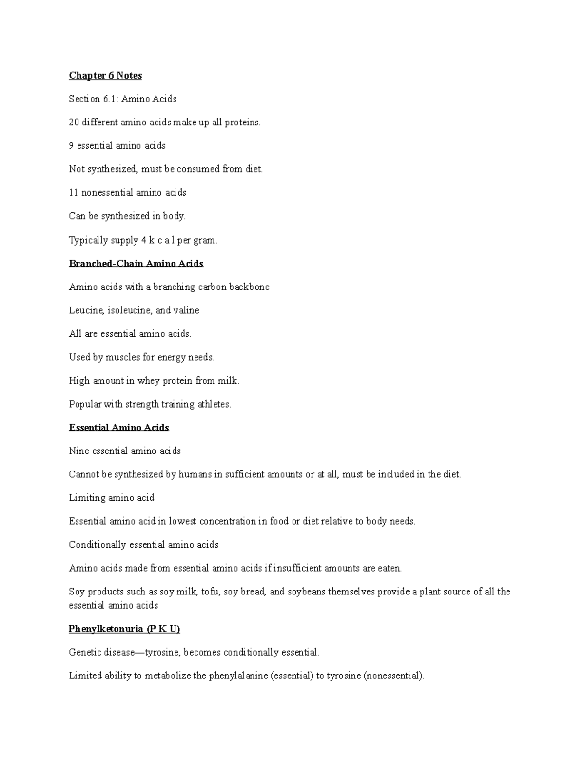 Chapter 6 Notes - Chapter 6 Notes Section 6: Amino Acids 20 different ...