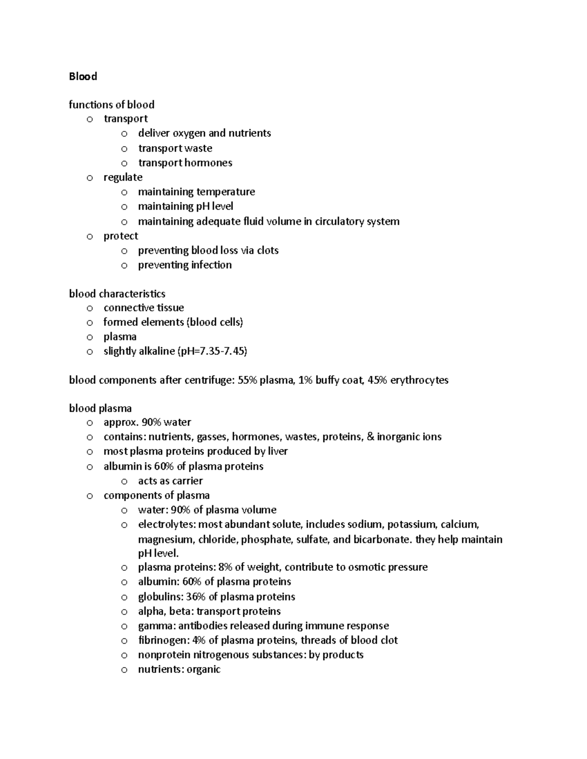 Bio 202-anatomy Notes - Blood Functions Of Blood O Transport O Deliver 