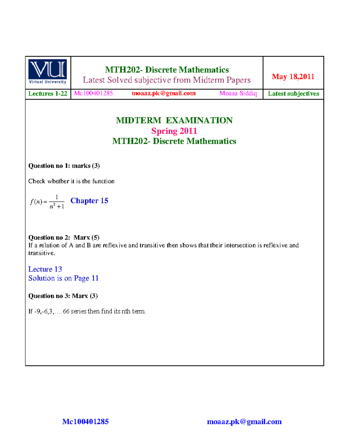 MTH202 - Midterm Subjectives Solved With References By Moaaz ...