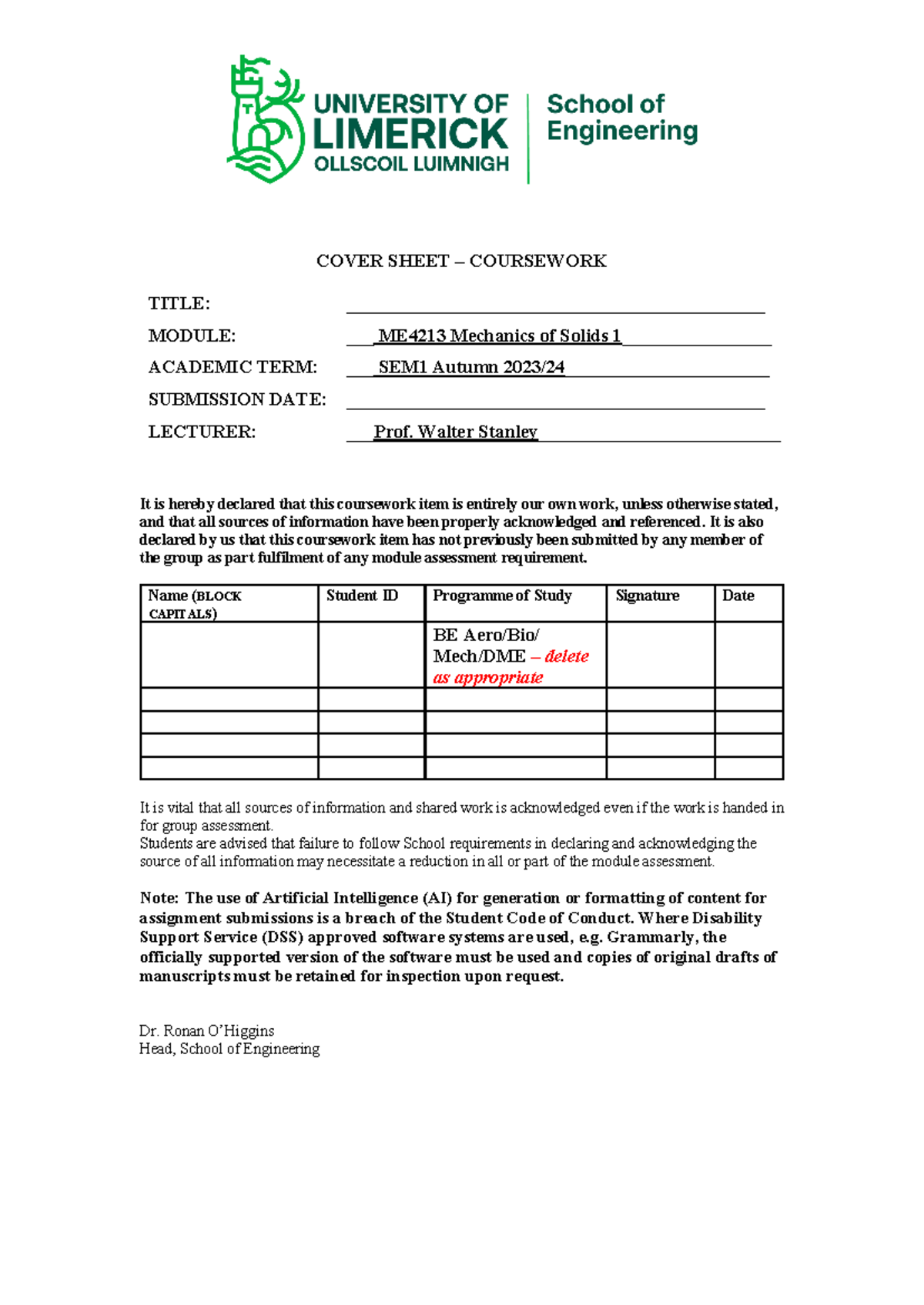 ME4213 Coursework cover sheet SOE Oct 2023 - COVER SHEET – COURSEWORK ...