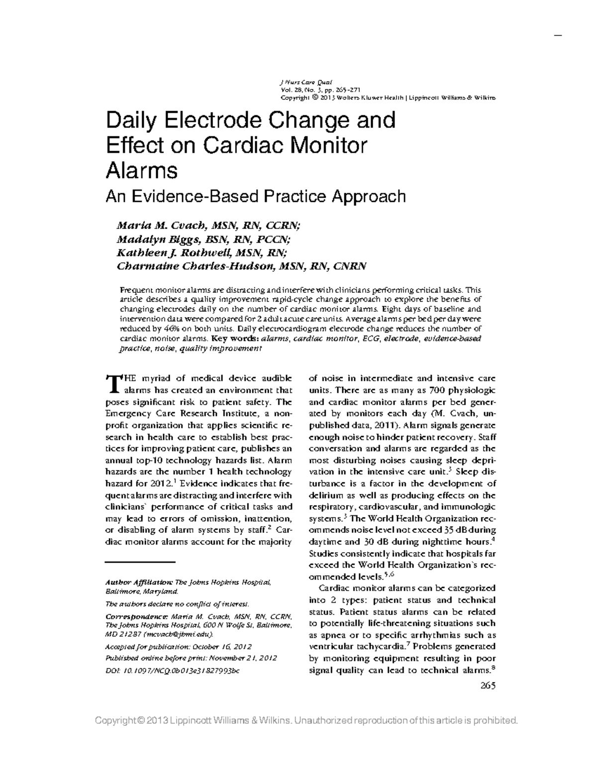 EBP 340 daily electrode J Nurs Care Qual Vol. 28, No. 3, pp. 265