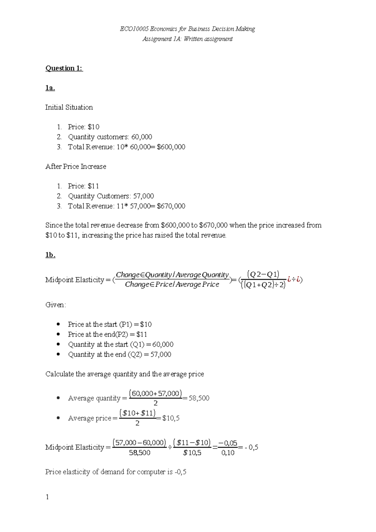 ECO10005 Assignment 1A Assignment 1A Written assignment Question 1