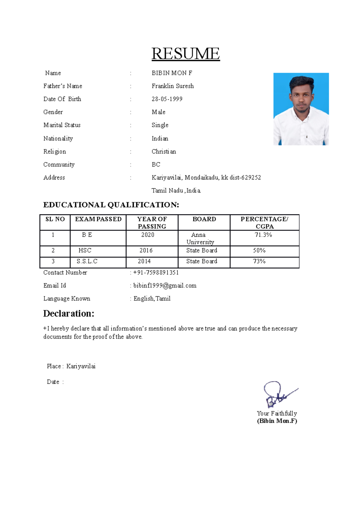 Bibin resume - noteakhjad - RESUME Name : BIBIN MON F Father’s Name ...