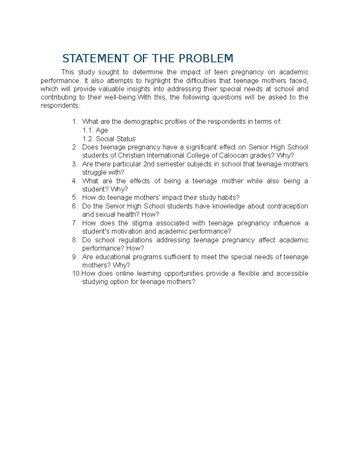 Statement OF THE Problem - STATEMENT OF THE PROBLEM This study sought ...
