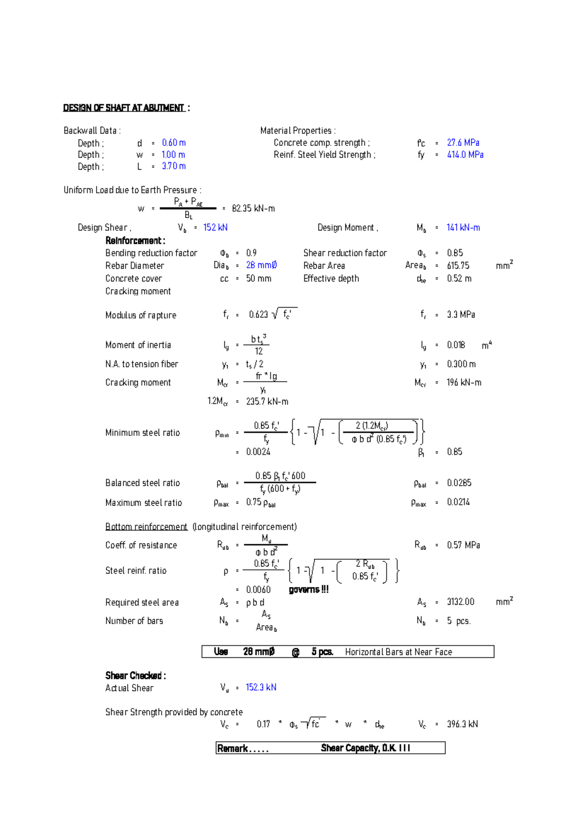 Shaft-Abutment - DESIGN OF SHAFT AT ABUTMENT : Depth ; d = f'c = Depth ...