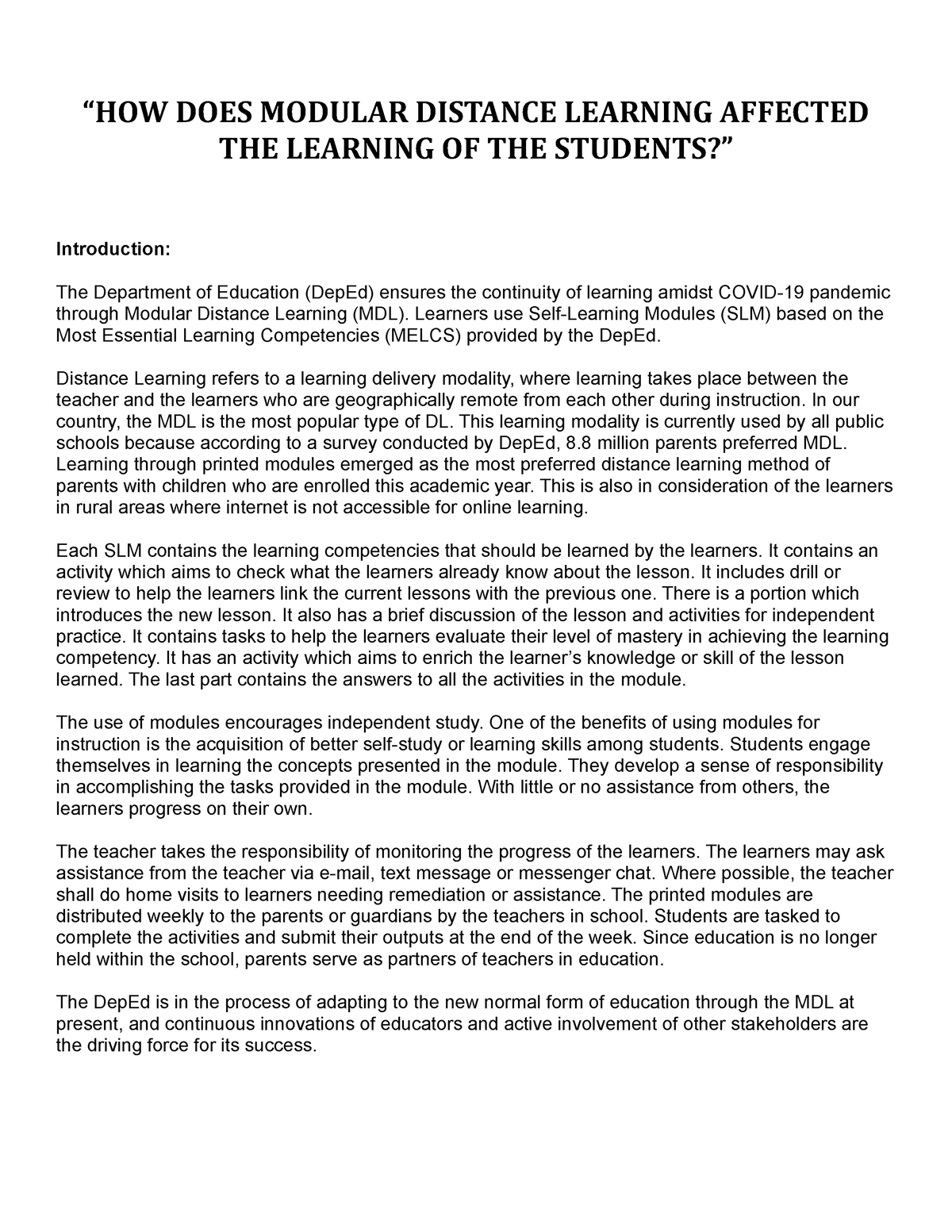 research hypothesis about modular distance learning