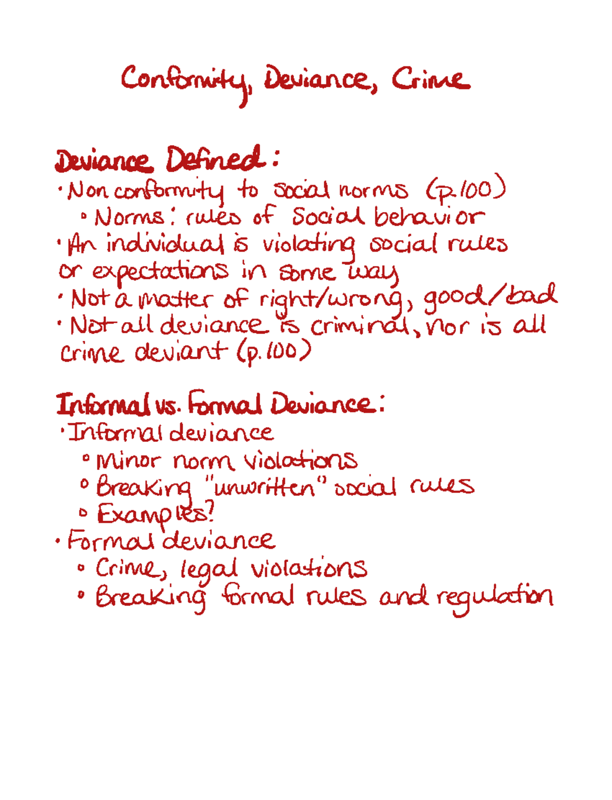 Chapter 7 Notes - Conformity ####### Deviance Crime Deviance Defined ...