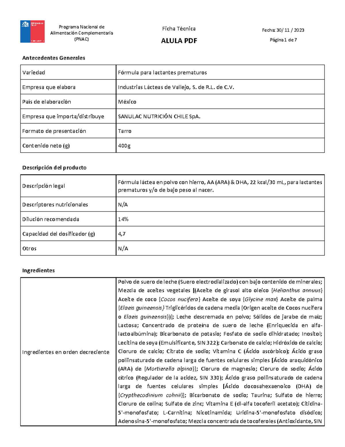 Ficha técnica Alula PDF - Alimentación Complementaria (PNAC) Ficha ...