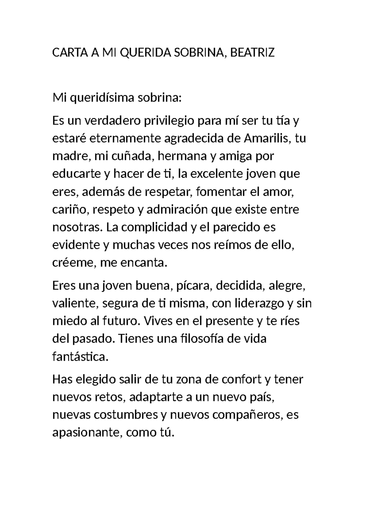 Carta A MI Querida Sobrina, definitiva - CARTA A MI QUERIDA SOBRINA,  BEATRIZ Mi queridísima sobrina: - Studocu