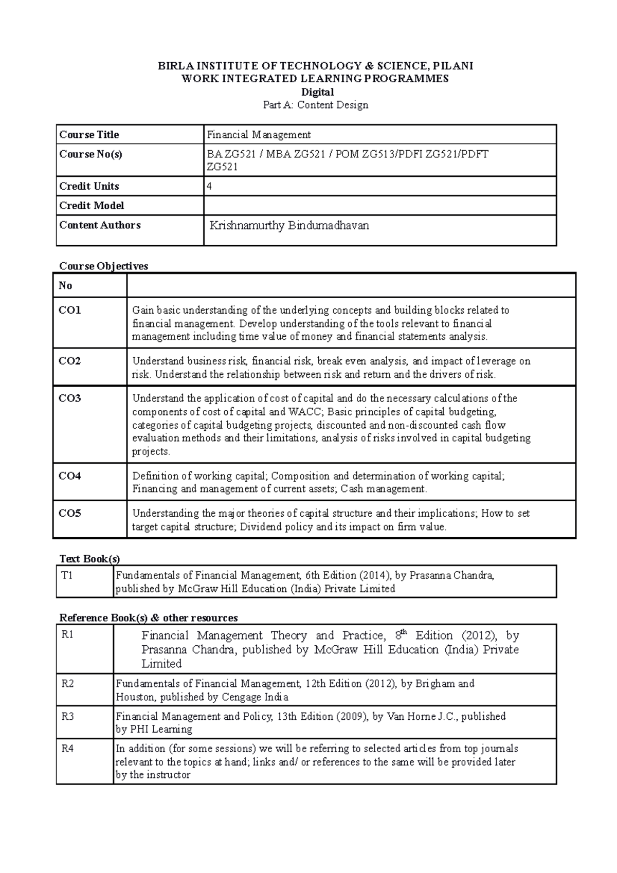 Financial Management Course Handout - BIRLA INSTITUTE OF TECHNOLOGY ...