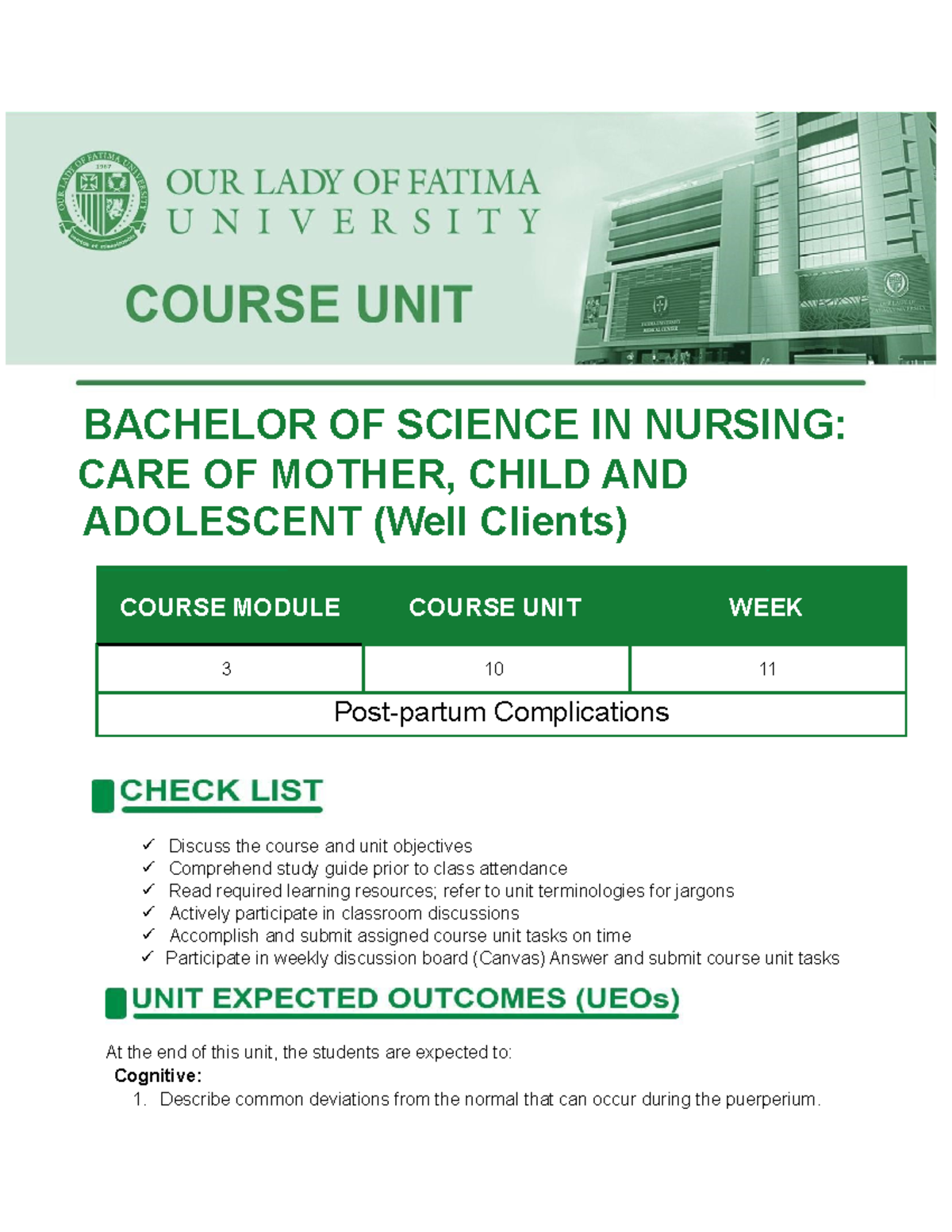 Course UNIT WEEK 11 - OLFU QC - BACHELOR OF SCIENCE IN NURSING: CARE OF