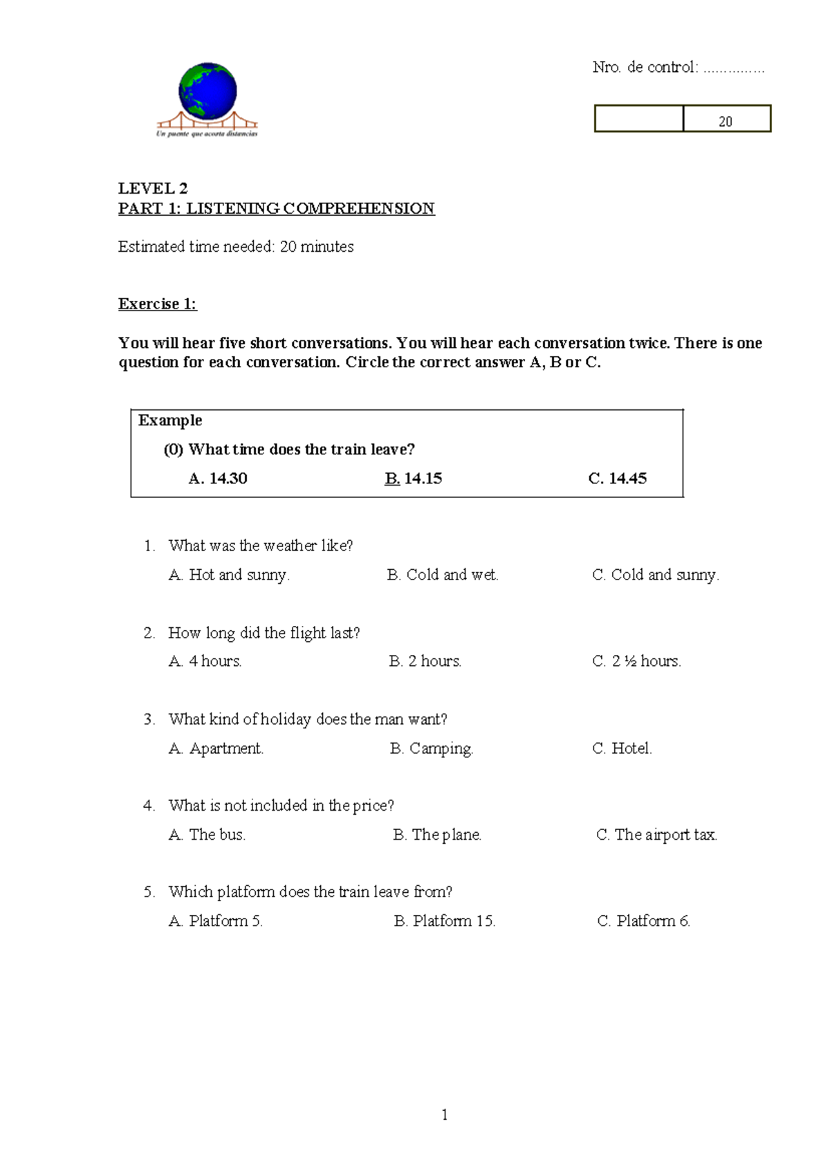 EXAM Level 2 - modelo - LEVEL 2 PART 1: LISTENING COMPREHENSION ...