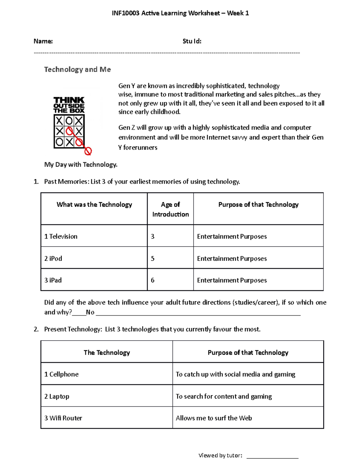 ALWS Week 1 Tech map - Name: Stu Id: Technology and Me Gen Y are known ...