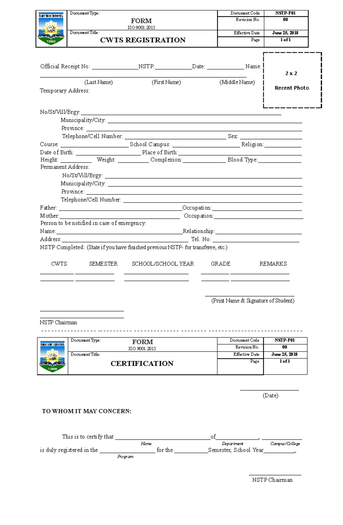 Nstp Cwts Form Na Document Type Form Iso 9001 Document Code Nstp