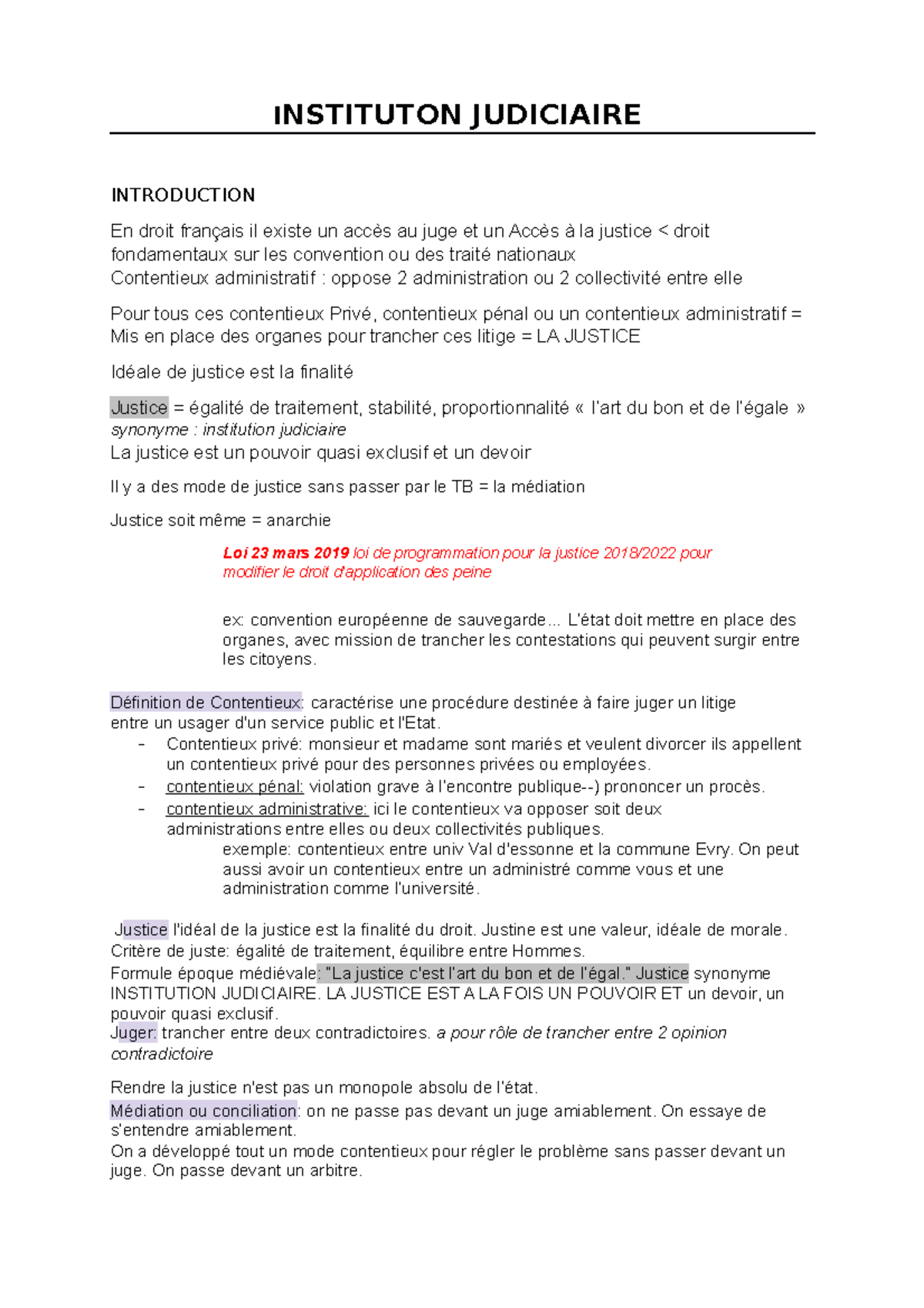 Institution Judiciaire INSTITUTON JUDICIAIRE INTRODUCTION