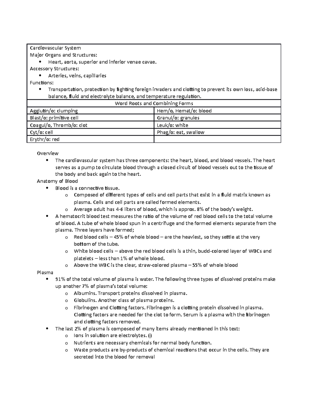 CH 9 Notes - Cardiovascular System Major Organs and Structures: Heart ...