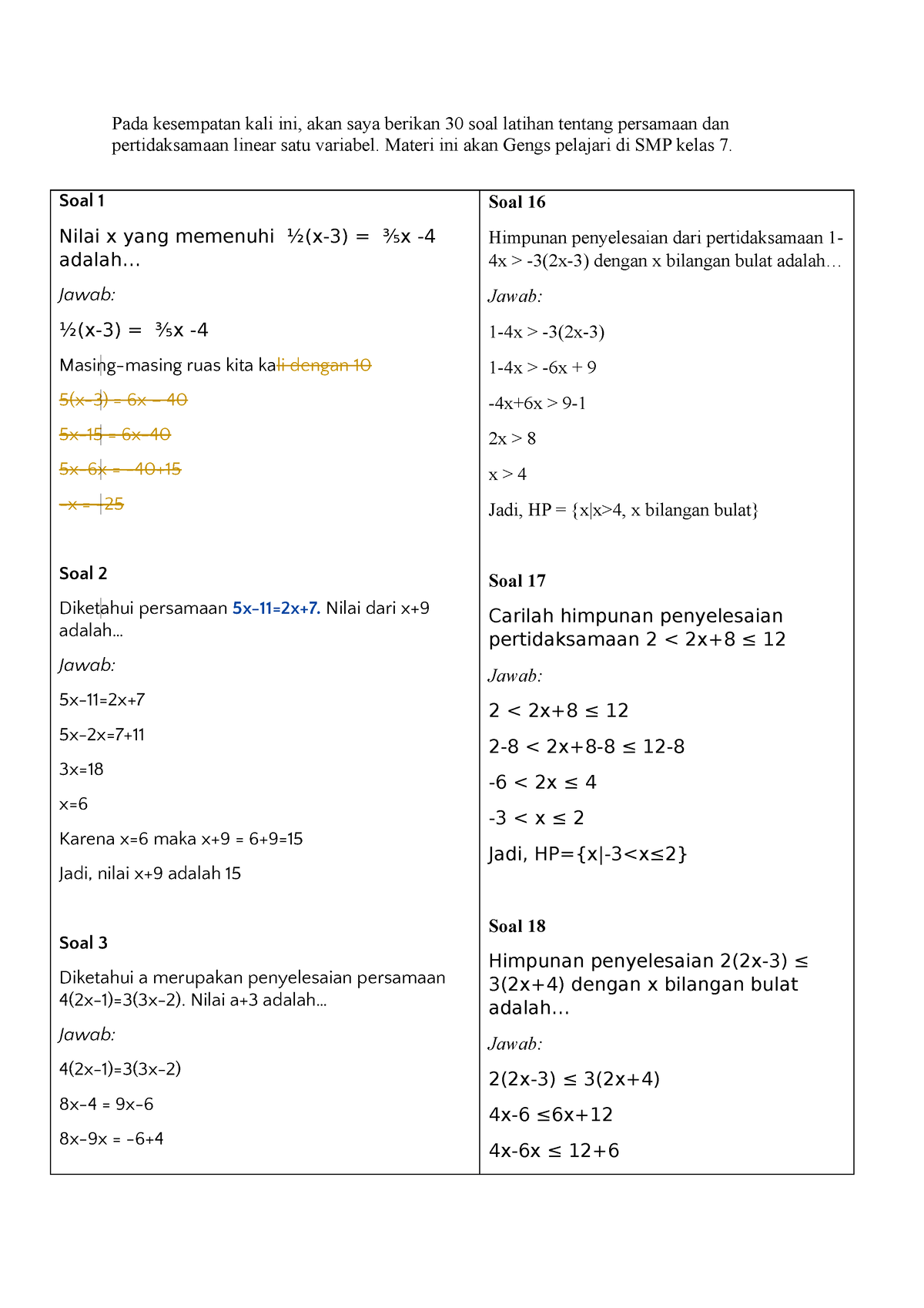 30 Soal Persamaan Dan Pertidaksamaan Linear Satu Variabel Smp Kelas 7 Dan Jawabannya Pada