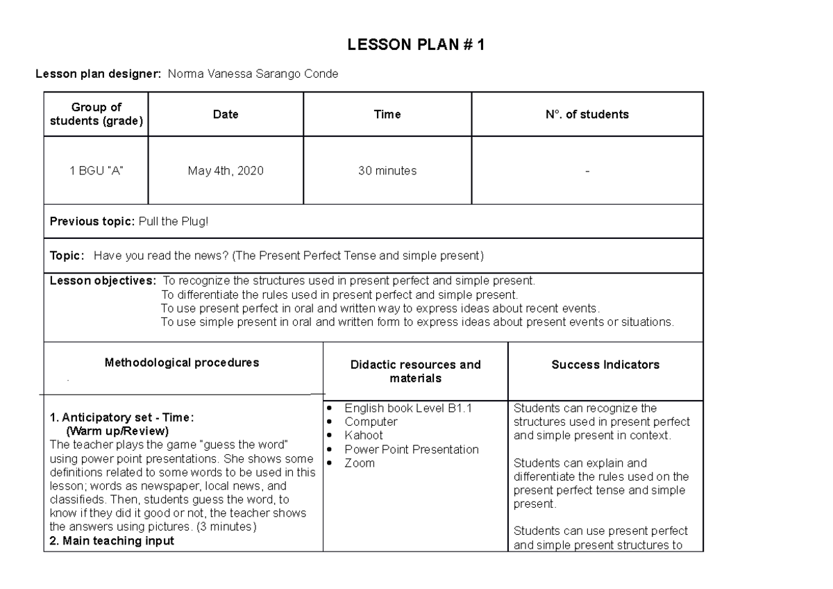 Lesson PLAN Joffre - Apuntes 1 - LESSON PLAN # 1 Lesson plan designer ...