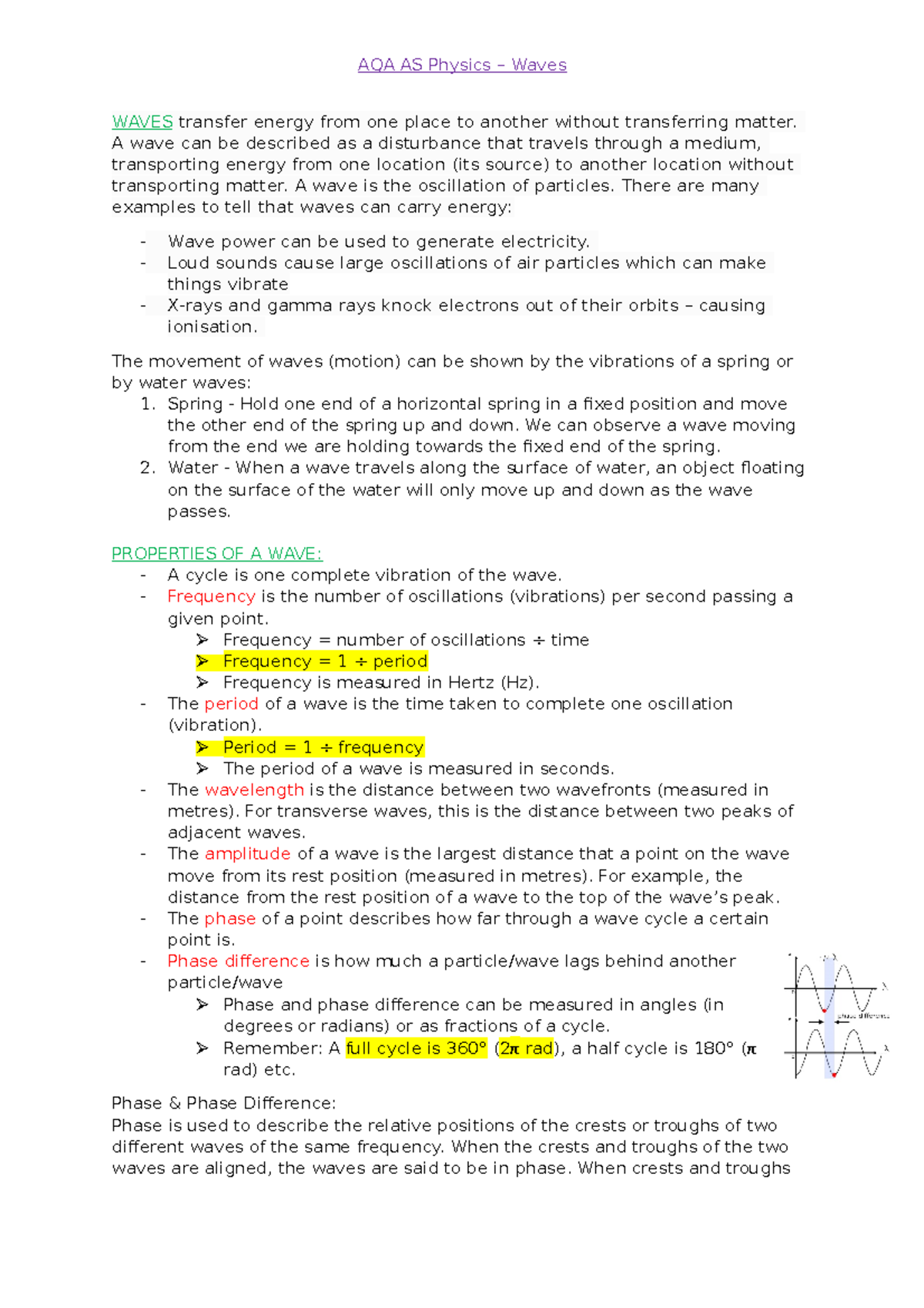 AQA AS Physics Waves - Notes - WAVES Transfer Energy From One Place To ...