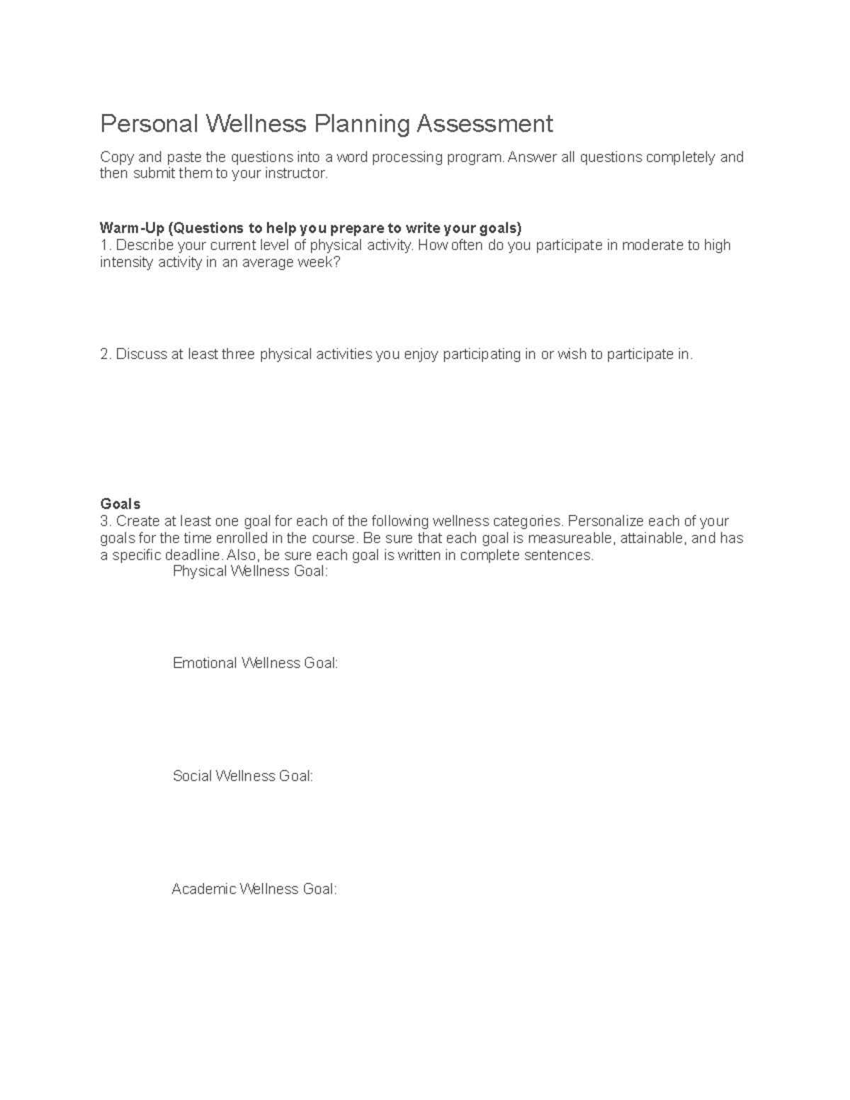 Personal Wellness Planning Assessment 105 - Personal Wellness Planning ...
