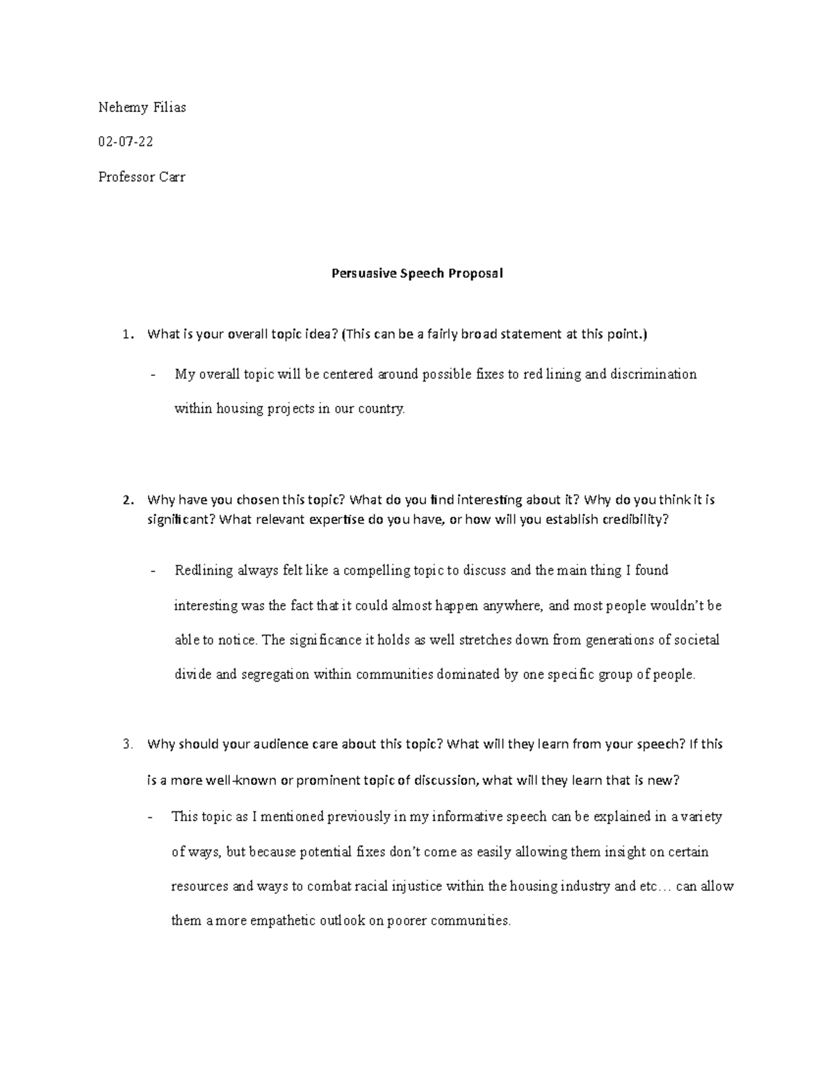 Persuasive Speech Proposal - Nehemy Filias 02-07- Professor Carr ...