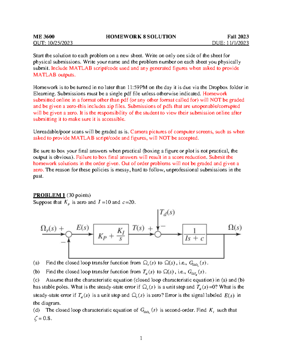 ME3600 Homework 08 Solution - ME 3600 HOMEWORK 8 SOLUTION Fall 2023 OUT ...