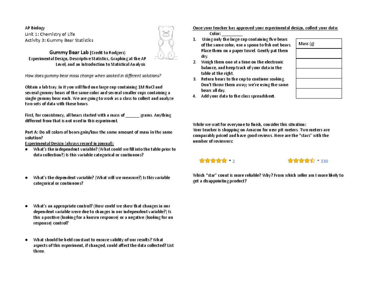 3 Gummy Bear Lab - descriptive stats - AP Biology Unit 1: Chemistry of ...