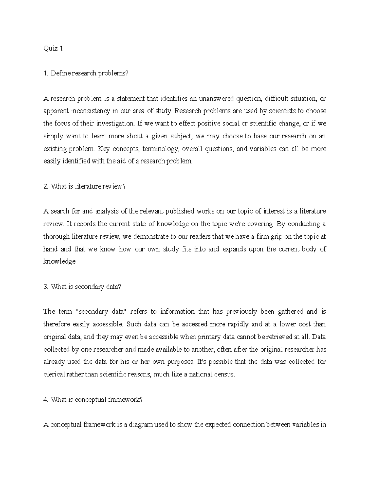 Quiz 1 - asd - Quiz 1 Define research problems? A research problem is a ...