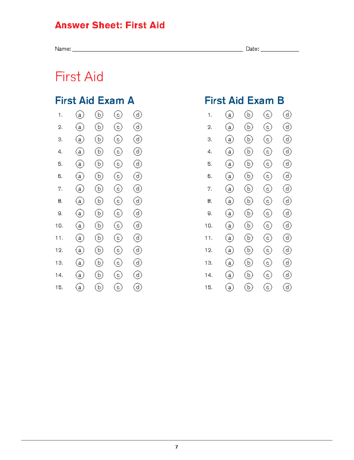 First Aid CPR AED Answer Sheet First Aid ES 2030 7 Answer Sheet 