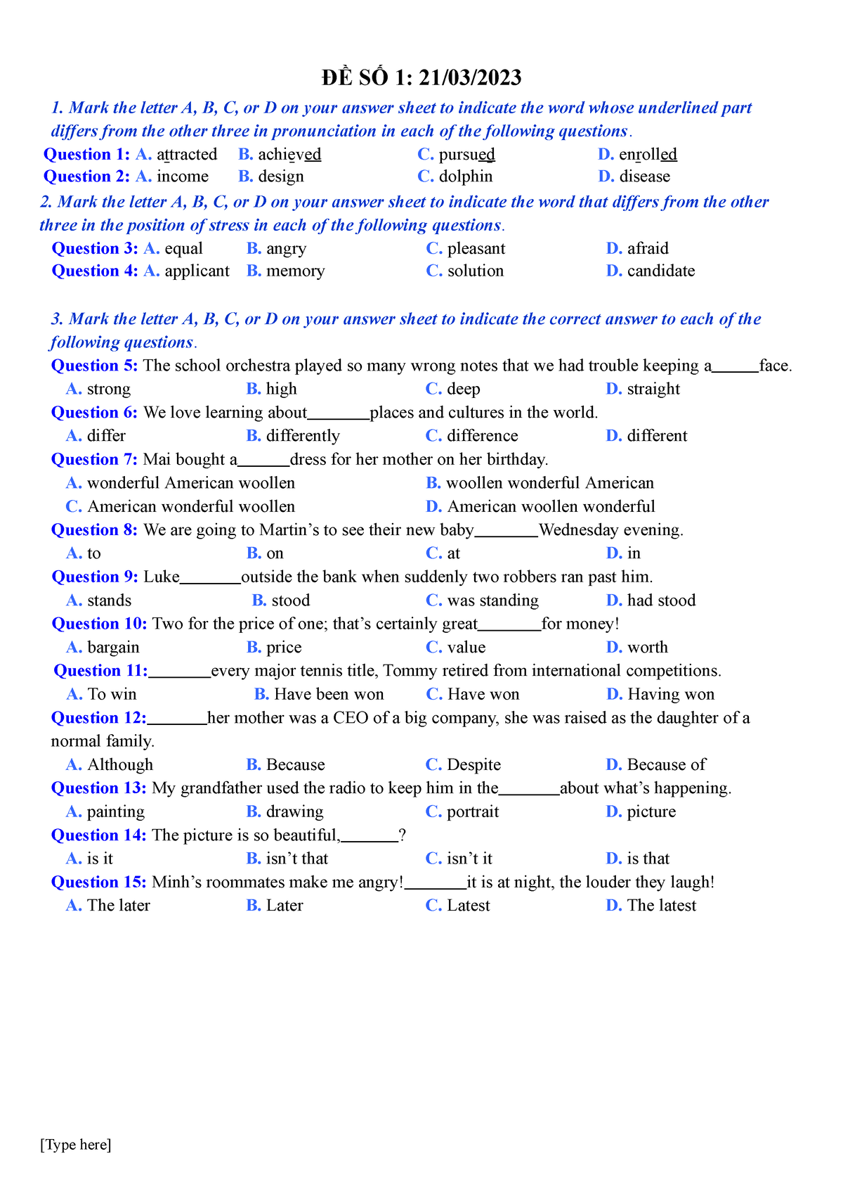 ĐỀ SỐ 1 - Test - ĐỀ SỐ 1: 21/03/ Mark The Letter A, B, C, Or D On Your ...