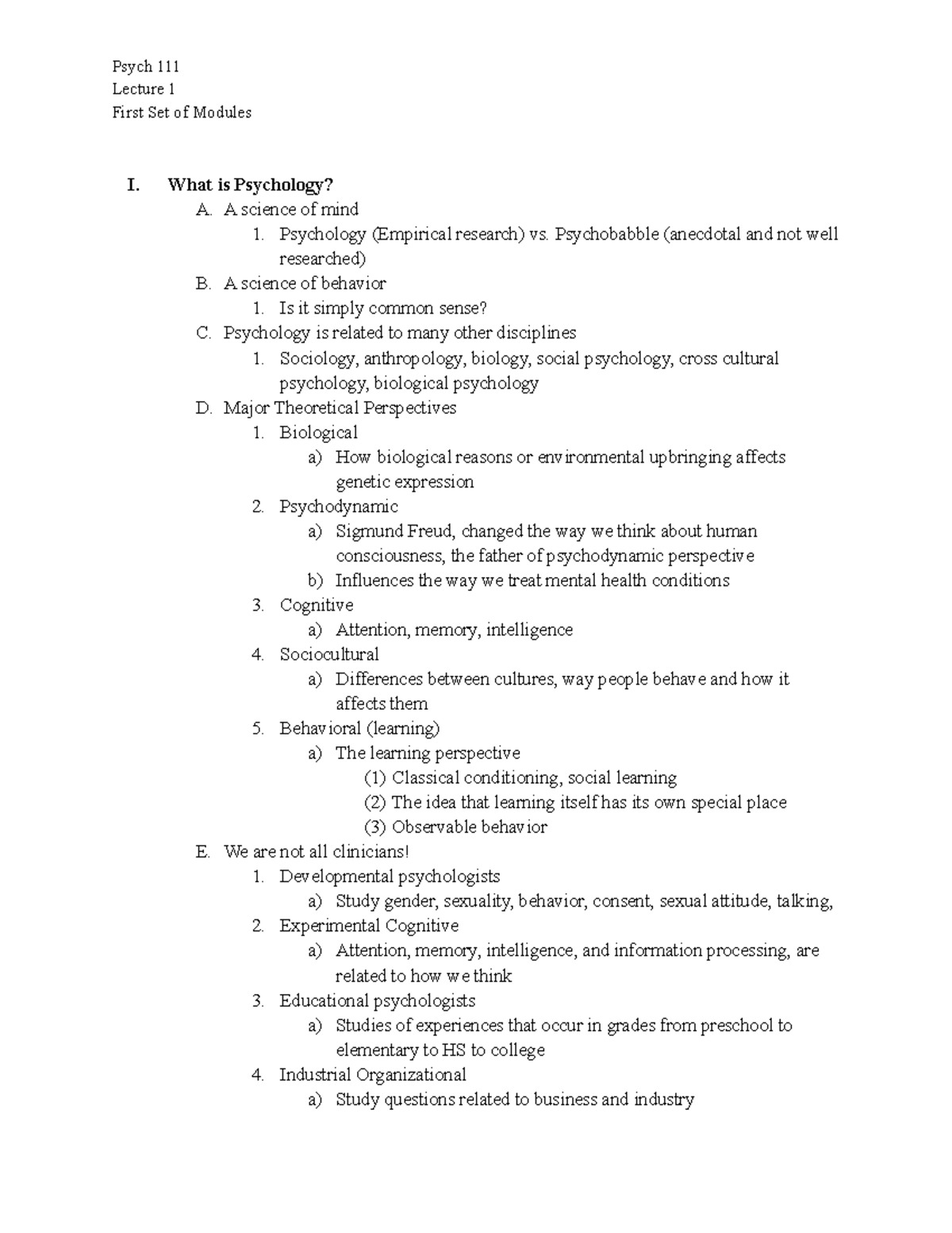 Lecture 1 What is Psychology 8 25 - Lecture 1 First Set of Modules I ...