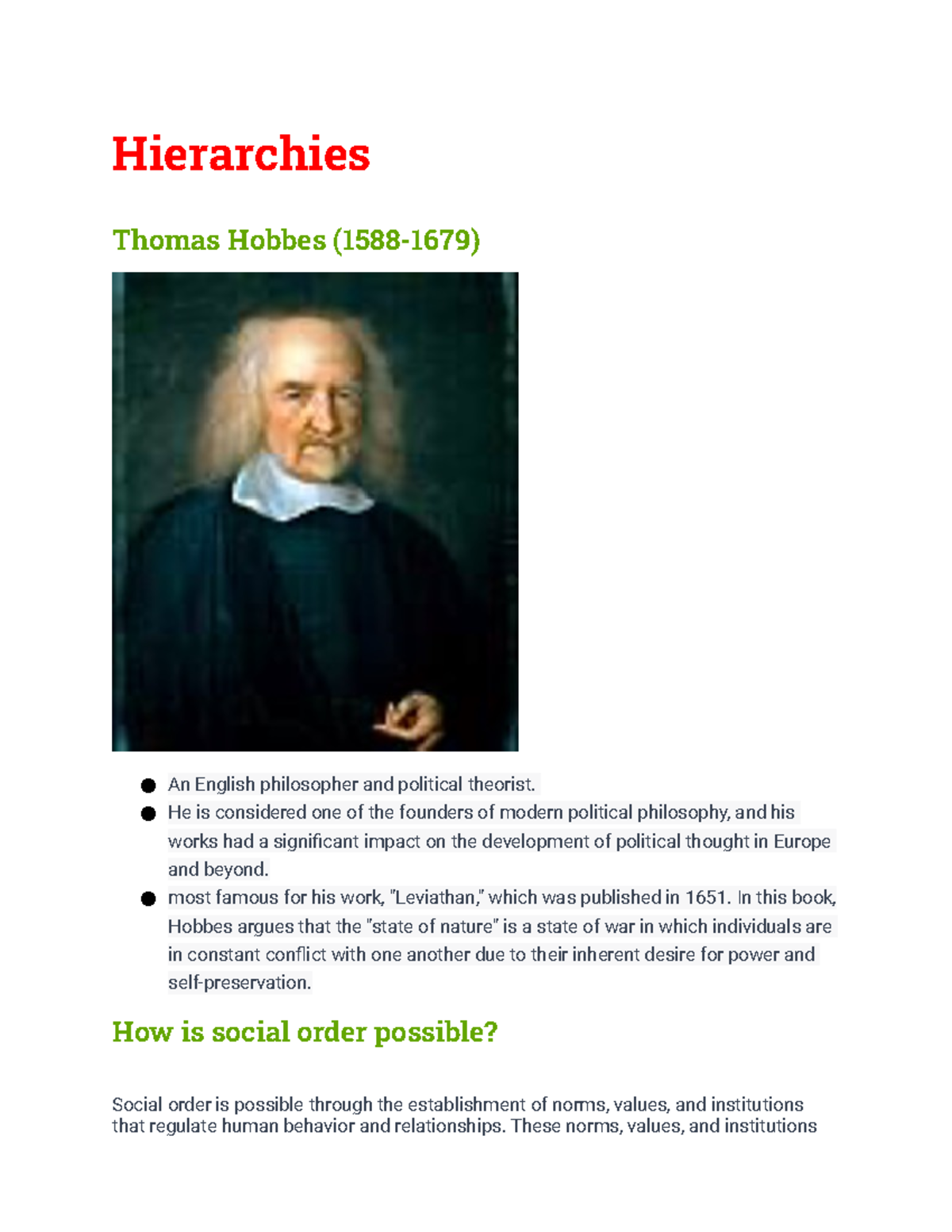 Heirarchies, Thomas Hobbes - Hierarchies Thomas Hobbes (1588-1679) An ...