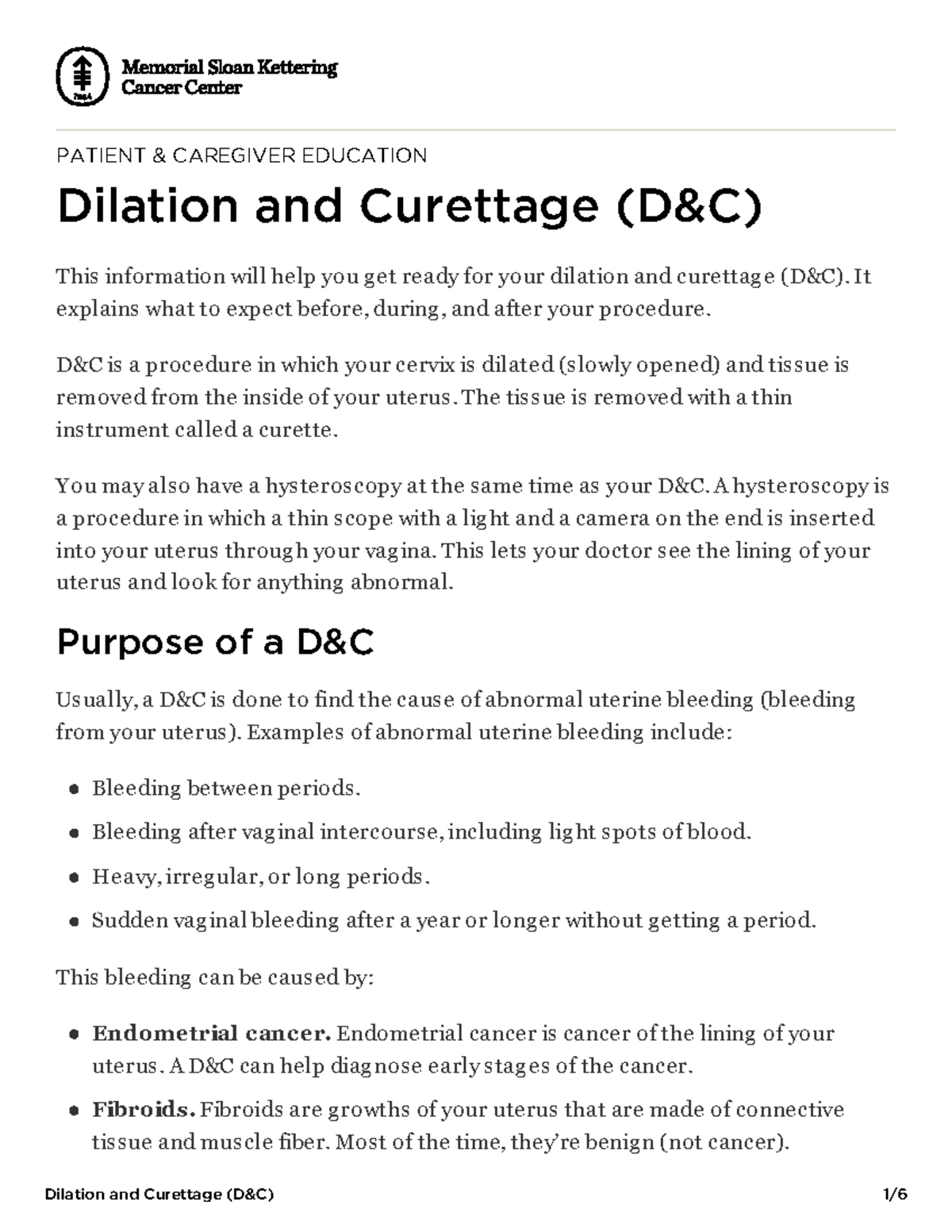 Dilation And Curettage/ D&C - PATIENT & CAREGIVER EDUCATION Dilation ...