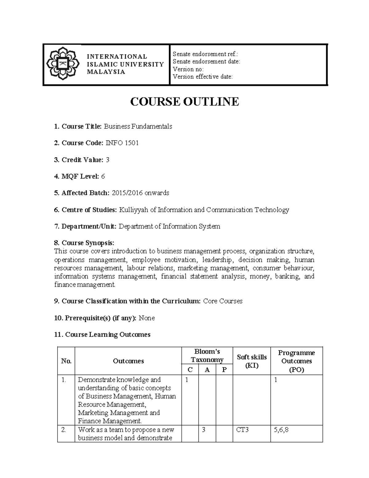 Course outline - INFO1501 Business Fundamentals - INTERNATIONAL ISLAMIC ...