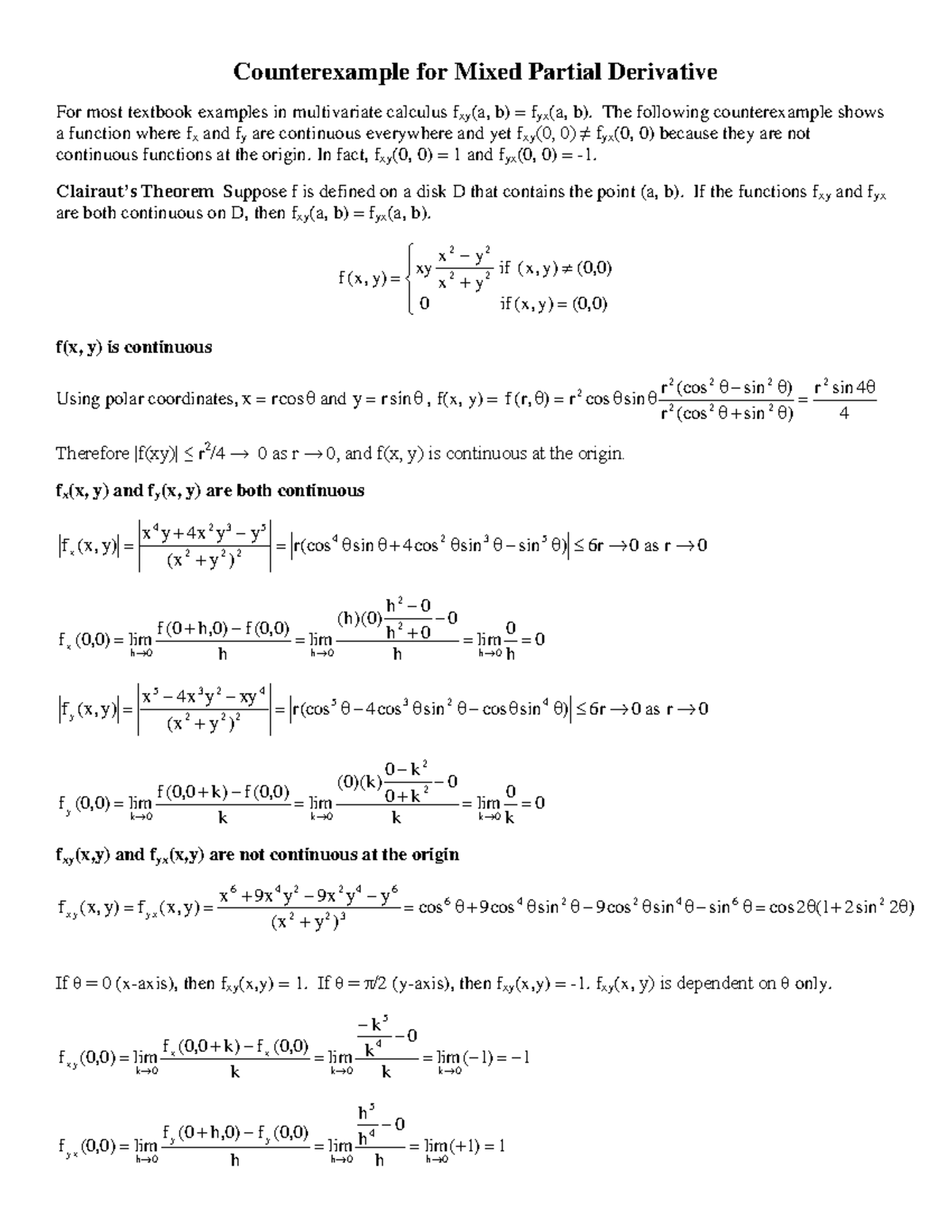 Counterexample for Mixed Partial Derivative - The following ...