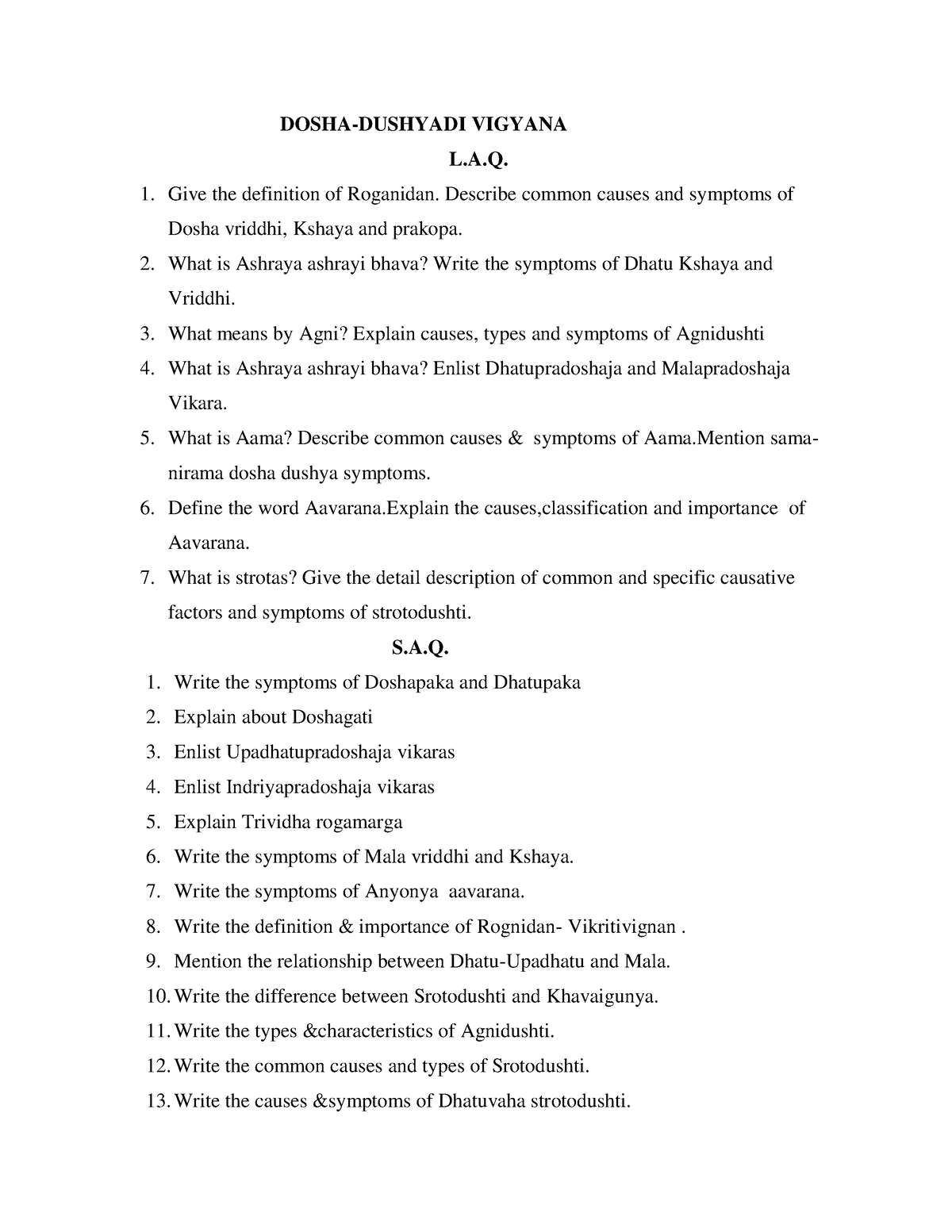 Roga Nidan Paper 1 Important questions DOSHA DUSHYADI VIGYANA