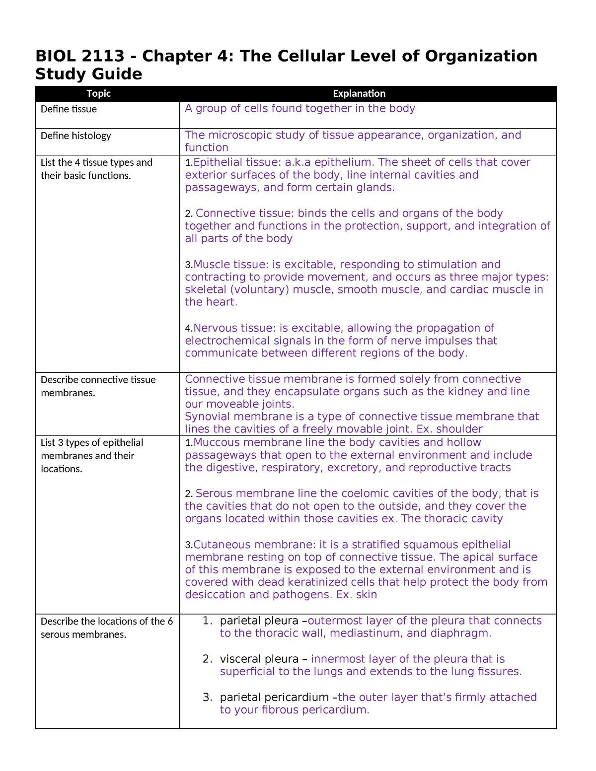 BIOL 2113 Ch4 Study Guide - BIOL 2113 - Chapter 4: The Cellular Level ...